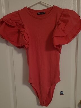 Zara Coral-Pink Puff Sleeve One-Piece Bodysuit